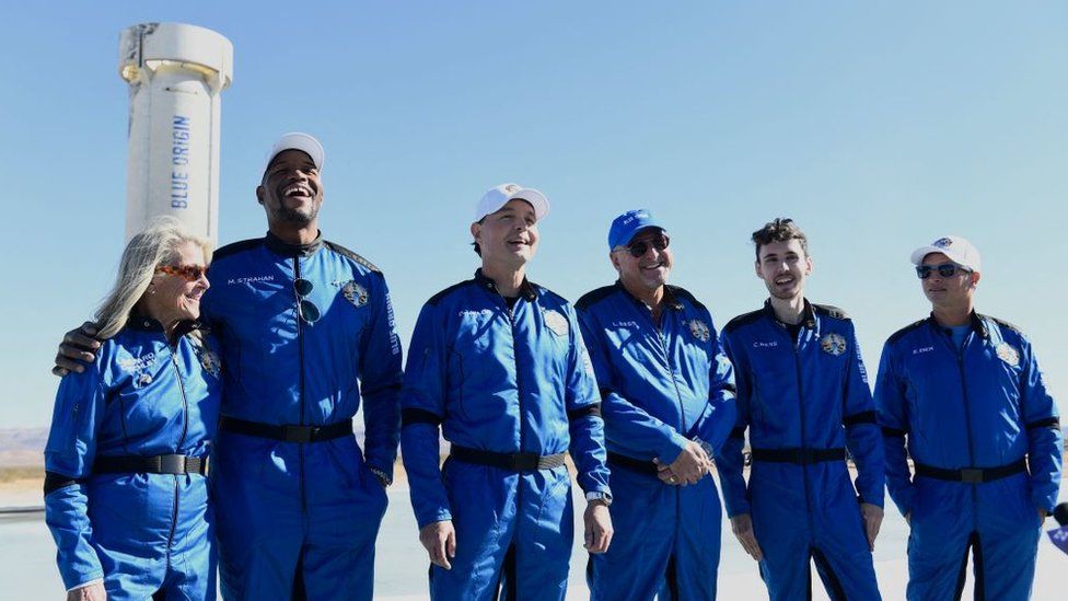 Laura Shepard Churchley with the crew of the Blue Origin rocket