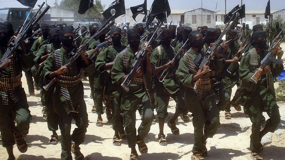 A file photo taken on February 17, 2011 shows Islamist fighters loyal to Somalias Al-Qaida inspired al-Shebab group performing military drills at a village in Lower Shabelle region, some 25 kilometres outside Mogadishu