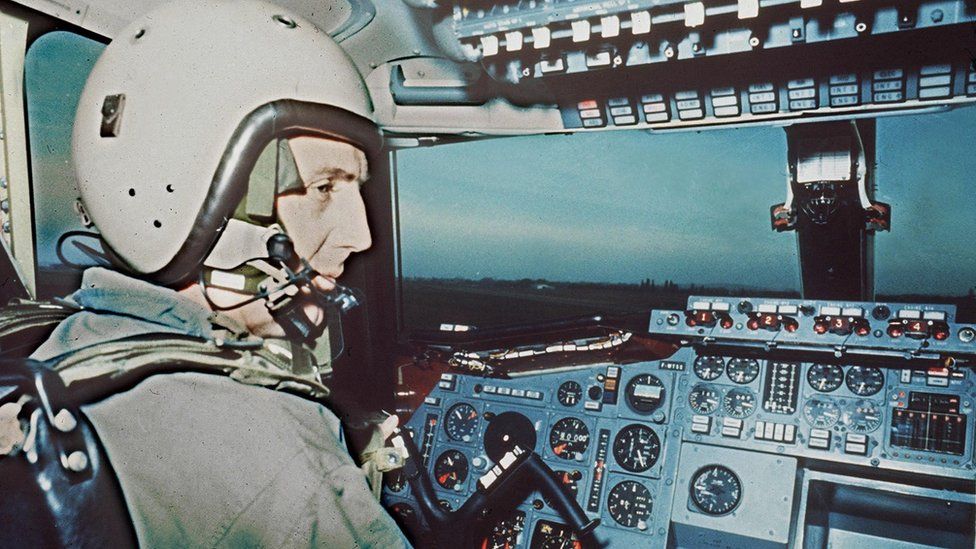 This file photo taken on June 1, 1969 during Paris Air Show shows French test pilot Andre Turcat in the cockpit of the Concorde prototype, the Franco-British supersonic aircraft.