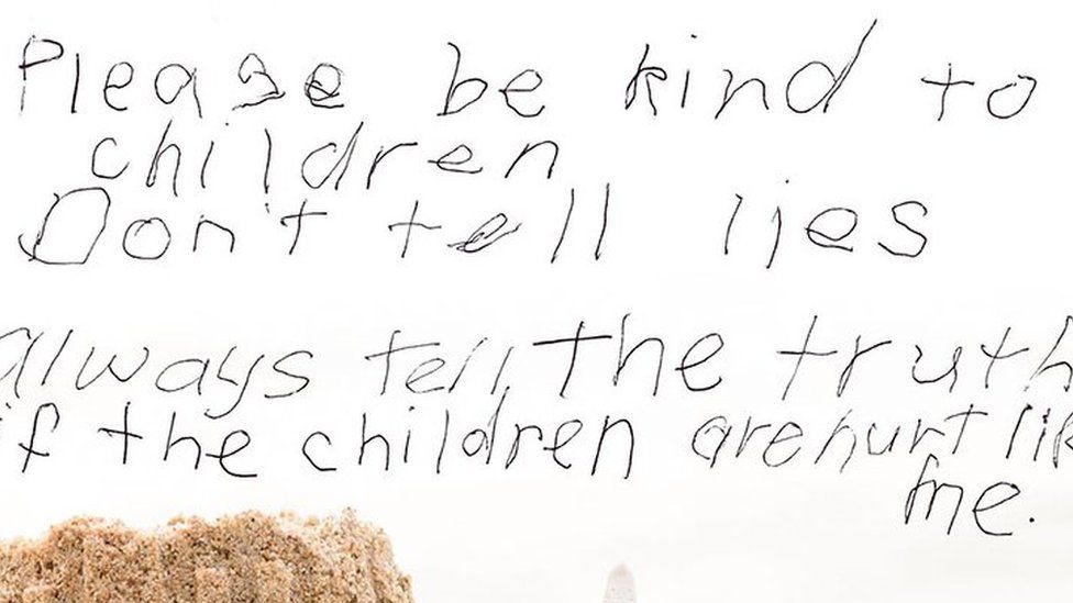 A message from a survivor reads: "Please be kind to children. Don't tell lies. Always tell the truth if the children are hurt like me."