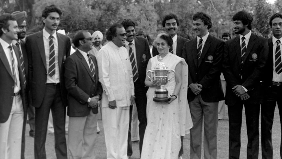 Prime Minister Indira Gandhi (1917 - 1984) holding the Cricket World Cup trophy won by Indian cricket team in New Delhi, India, July 08, 1983. (Photo by Sondeep Shankar/Getty Images)