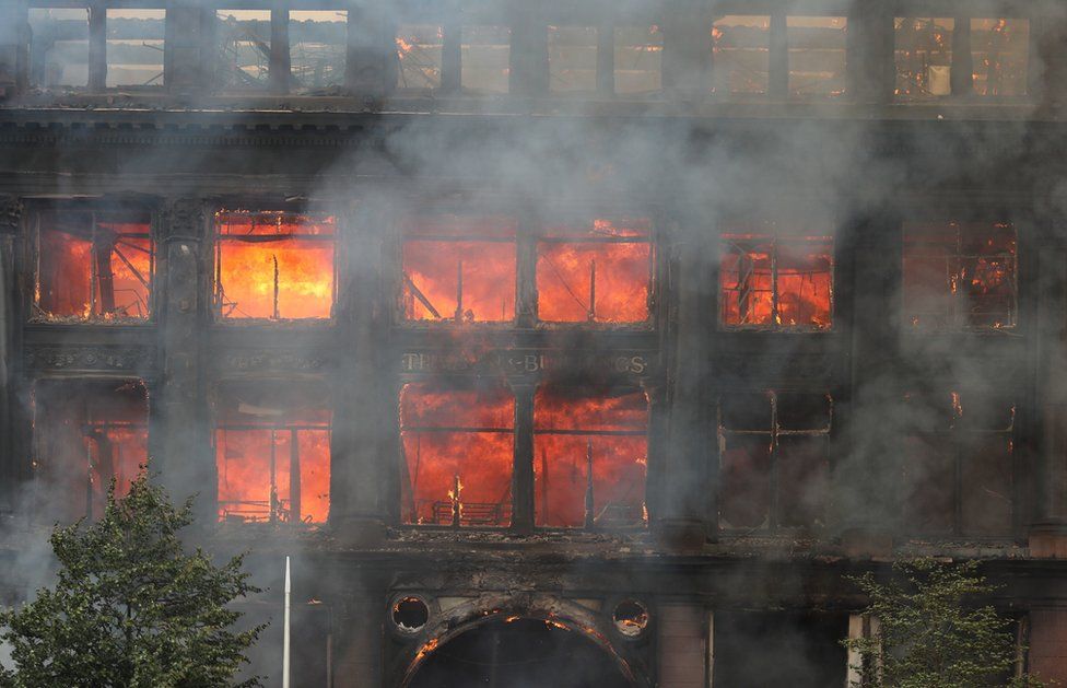 Flames inside Bank Buildings in Belfast city centre