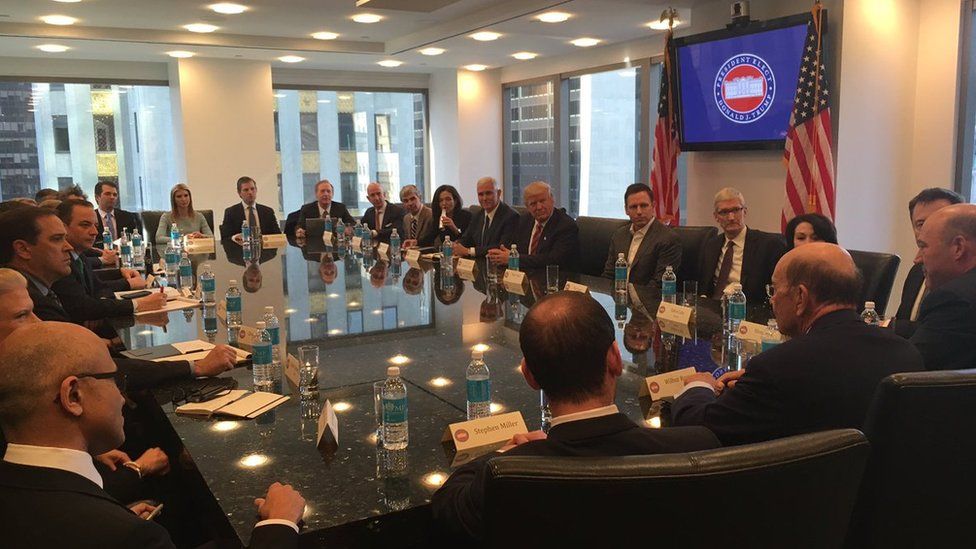 Donald Trump appears with more than a dozen American technology leaders at a meeting at Trump Tower.