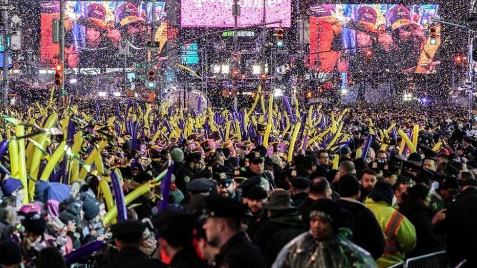 Revellers celebrate New Year's Eve in Times Square in 2019