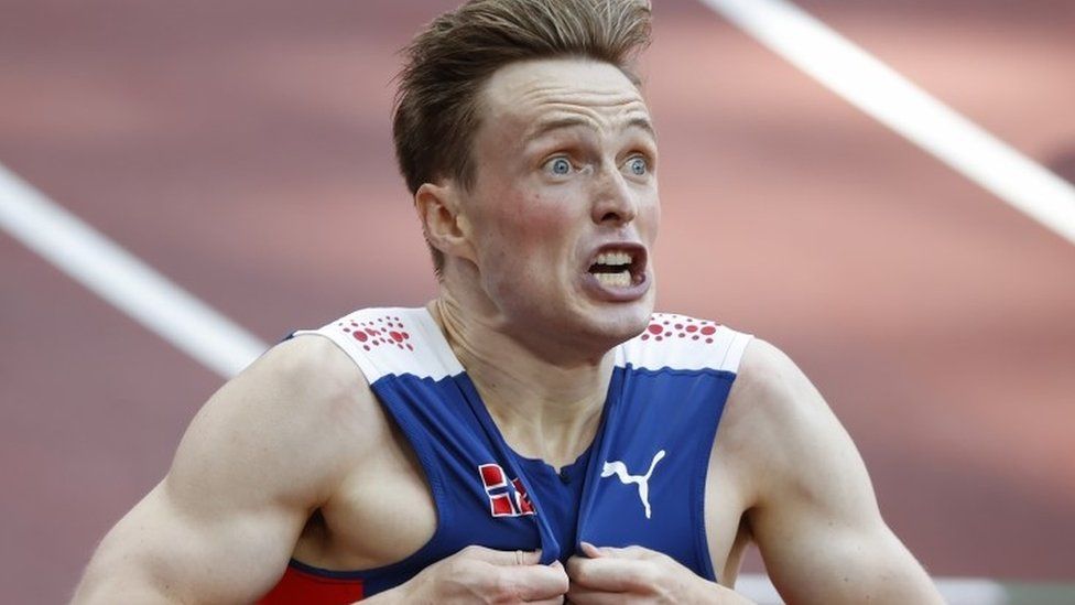 Karsten Warholm of Norway reacts after setting a new world record in the 400m at Tokyo 2020