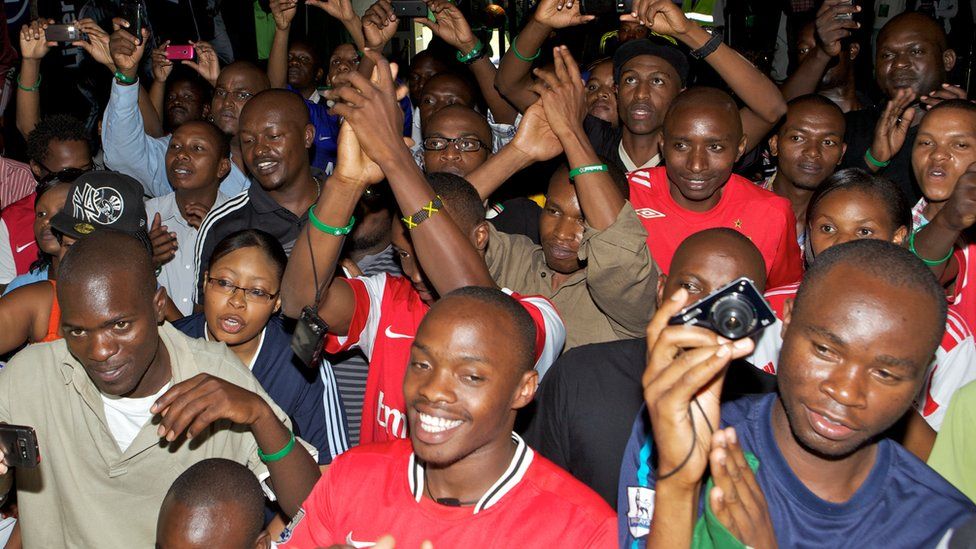 The crowd at the unveiling of the Uefa Champions League trophy during the Uefa Champions League Trophy Tour 2012 on 31 March 2012 in Nairobi, Kenya