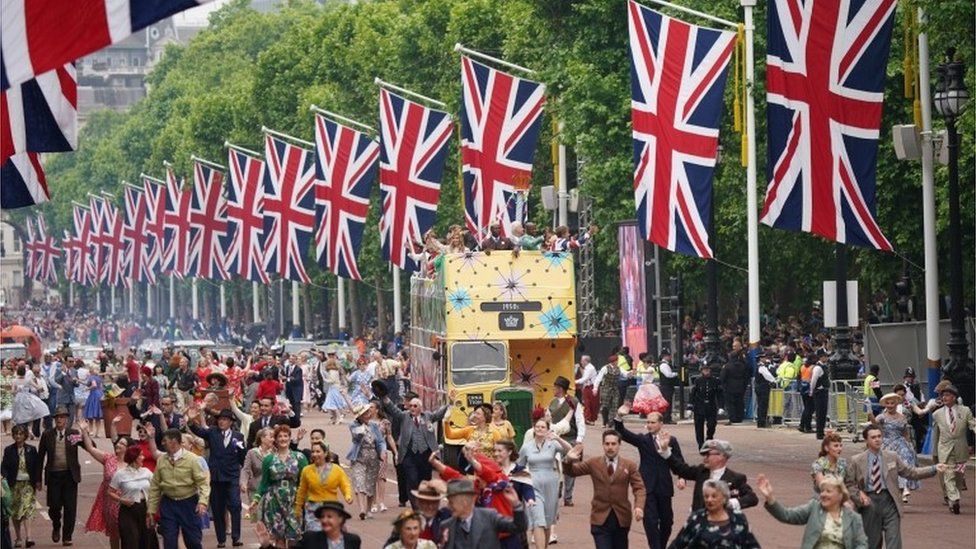 The 50"s decade dancers on the Mall during the Platinum Jubilee Pageant in front of Buckingham Palace, Londo