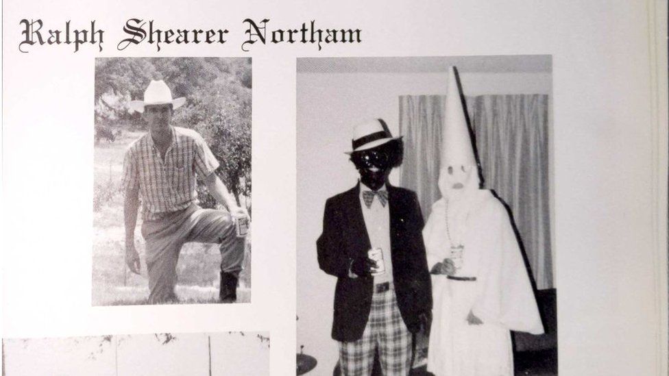 Ralph Northams page in the 1984 yearbook of Eastern Virginia Medical School in which he reportedly appears in blackface with a friend in a KKK costume