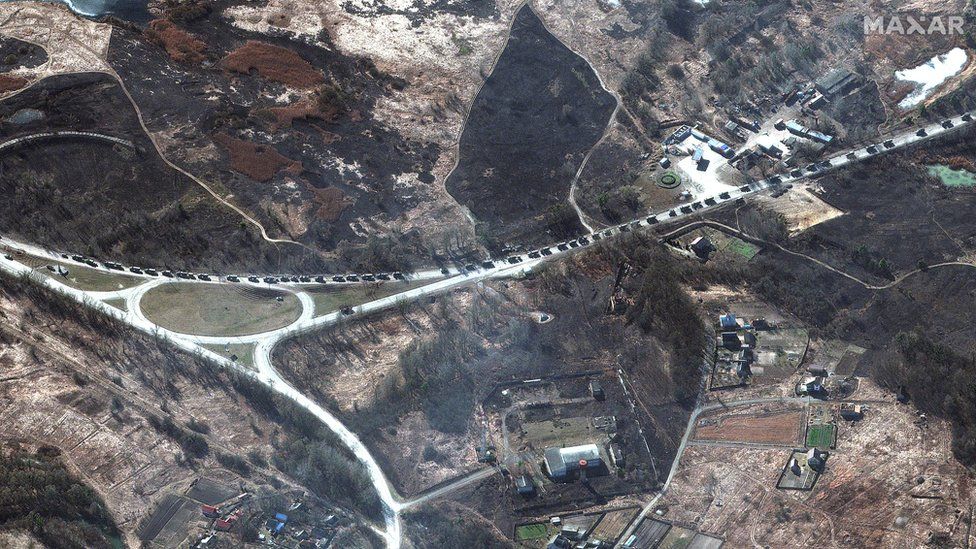 Satellite image showing part of a Russian military convoy near Ivankiv, Ukraine (28 February 20220