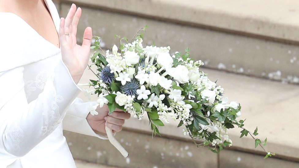 The bride Princess Eugenie of York arrives in her car for her Royal wedding