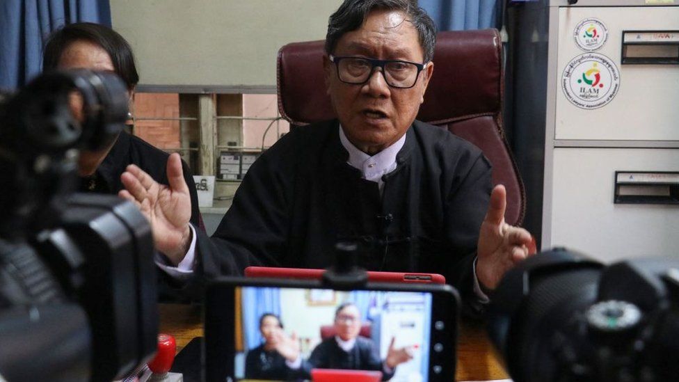 Khin Maung Zaw (R) and Min Min Soe (L), lawyers representing detained Myanmar leader Aung San Suu Kyi, address members of the media at Khin Maung Zaw's house in Naypyidaw on May 24, 2021, as Suu Kyi made her first in-person court appearance since the military coup in February.