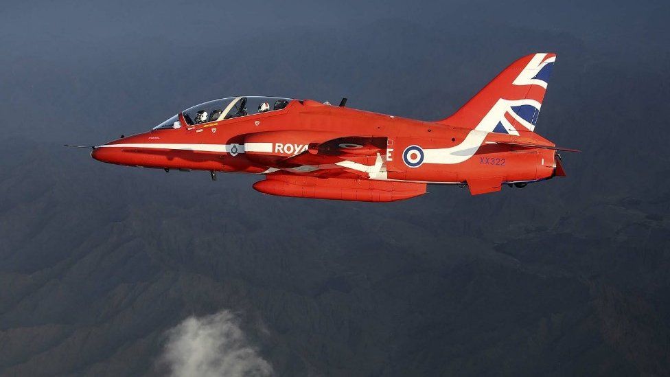 Red Arrows's jet on approach to Oman