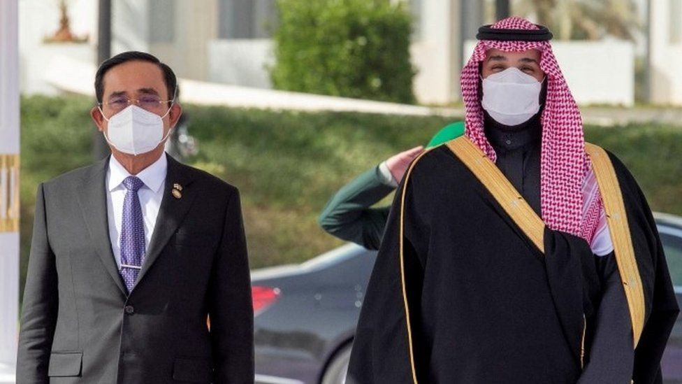 Saudi Crown Prince, Mohammed bin Salman (right) receives Thailand's Prime Minister Prayuth Chan-ocha in Riyadh, Saudi Arabia, January 25, 2022.