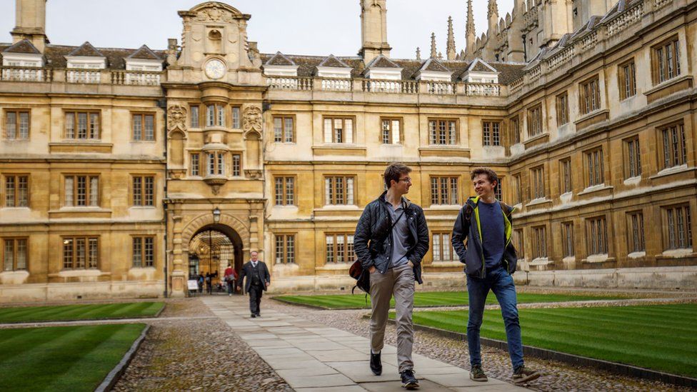 students walking through the court of a Cambridge college