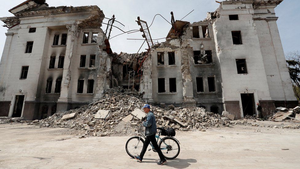 A view shows a destroyed theatre building in Mariupol