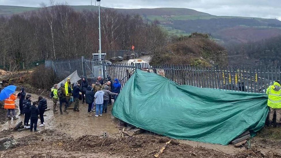 Protesters at the entrance to the Craig-yr-Hesg quarry in Glyncoch, Pontypridd