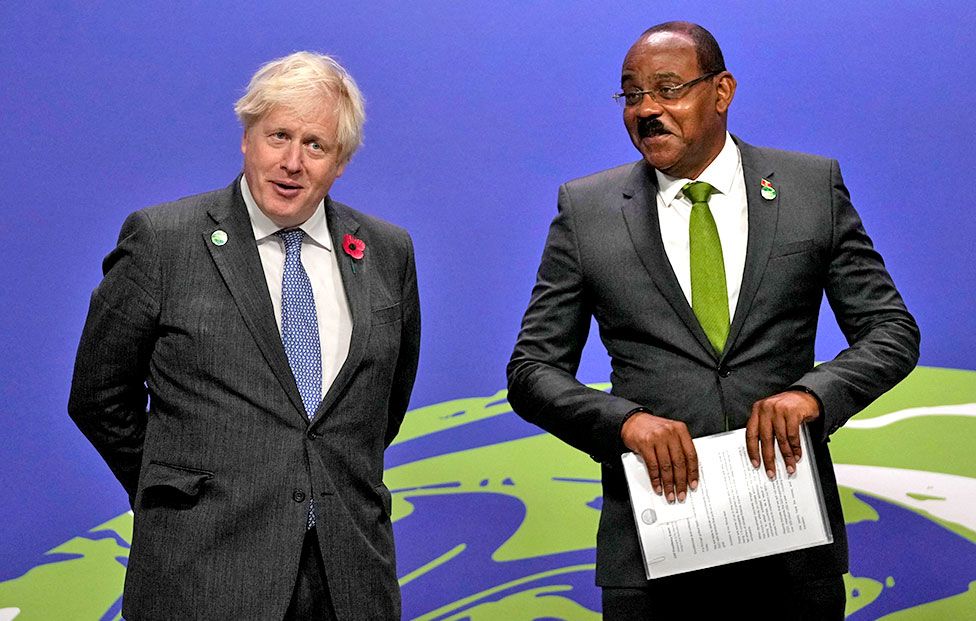 Prime Minister Boris Johnson (left) and Antigua and Barbuda's Prime Minister Gaston Alfonso Browne (right) at the COP26 UN Climate Change Conference in Glasgow, Scotland on 1 November 2021