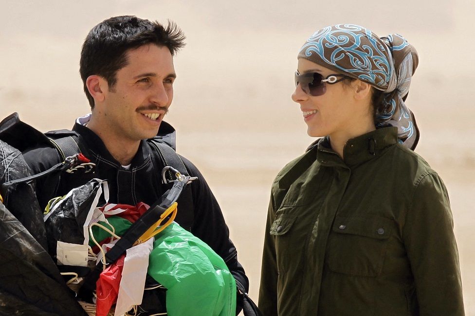 Jordanian Prince Hamzah bin al-Hussei, president of the Royal Aero Sports Club of Jordan, and his wife Princess Basma attend a media event to announce the launch of "Skydive Jordan", in the Wadi Rum desert on April 19, 2011