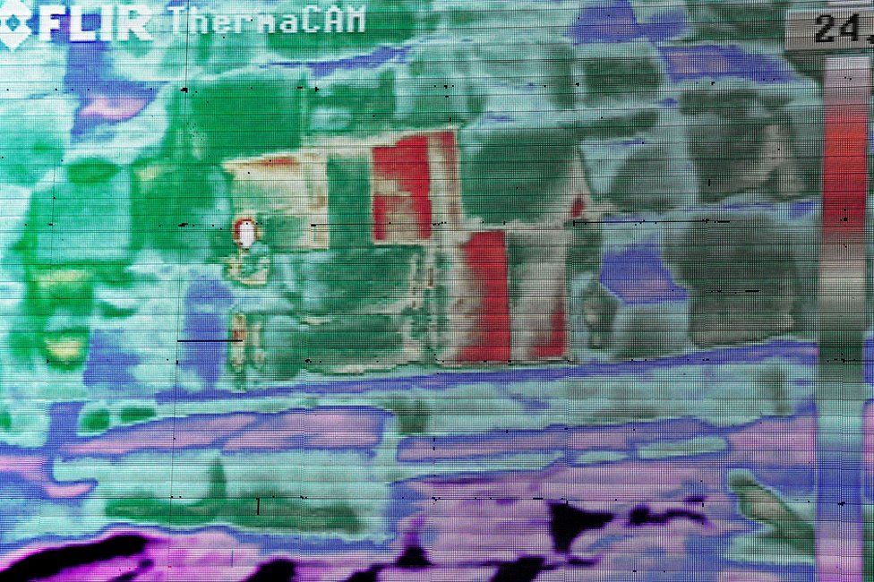 A thermal camera shows the differing temperatures of the limestone blocks that form the Great Pyramid, or Pyramid of Khufu, at Giza, Egypt (9 November 2015)