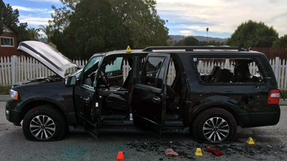 An undated handout picture made available by the San Bernardino County Sheriff on 03 December 2015 shows a vehicle at the scene of a shootout, in San Bernardino, California