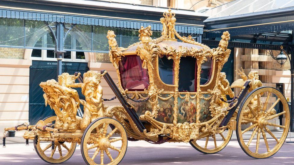 The Gold State Coach at the royal Mews in Buckingham Palace