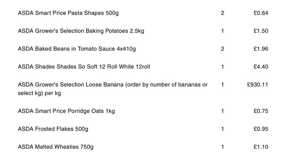 Shopping receipt of bananas costing over £930