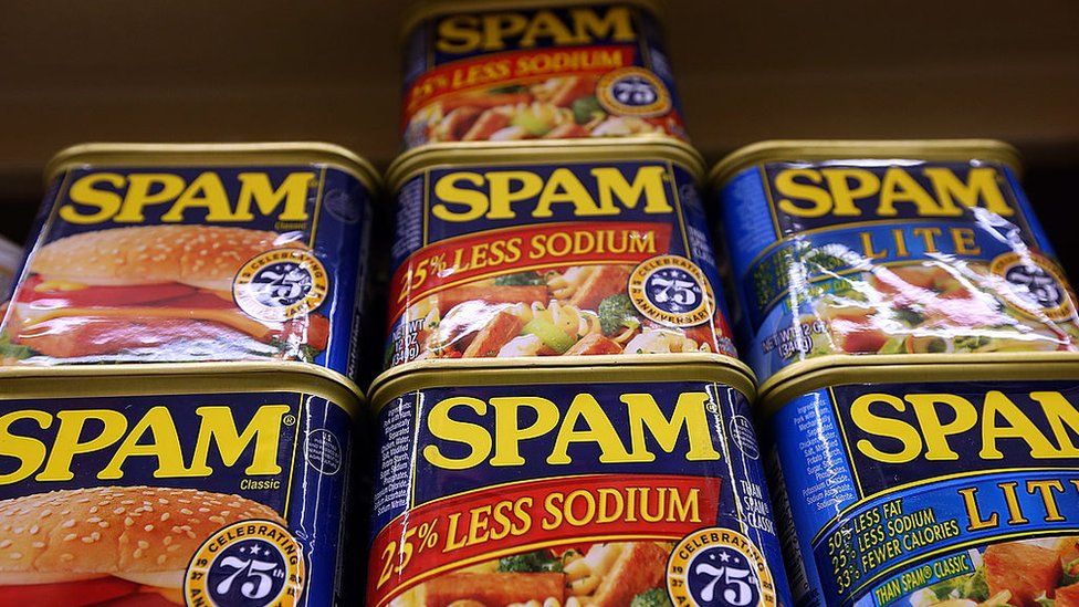 Cans of Spam are displayed on a shelf at Cal Mart grocery store on January 3, 2013 in San Francisco, California.