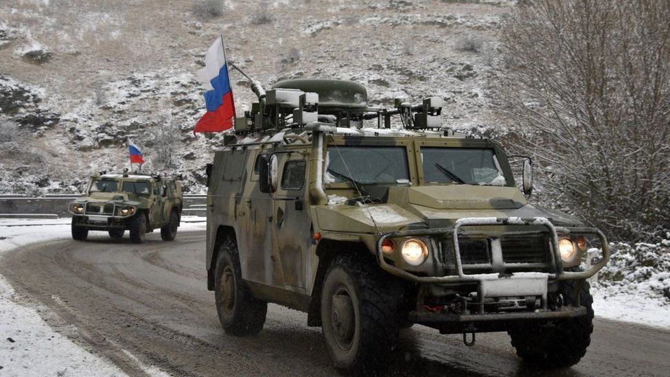 Russian peacekeeping forces on the road outside Lachin