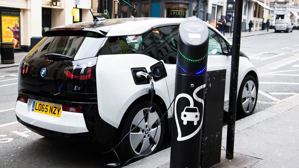 Electric car being recharged at a meter in London