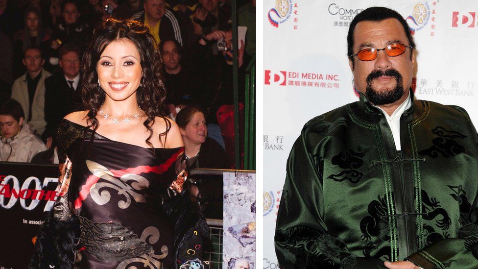 Rachel Grant at the Royal premier of Die Another Day in London in 2002; Actor Steven Seagal at the 2014 Chinese American Film Festival