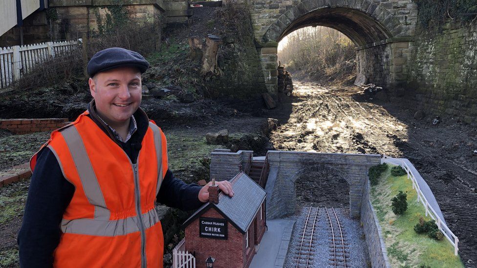Andrew Christie with model of the Glyn Valley Tramway at Chirk