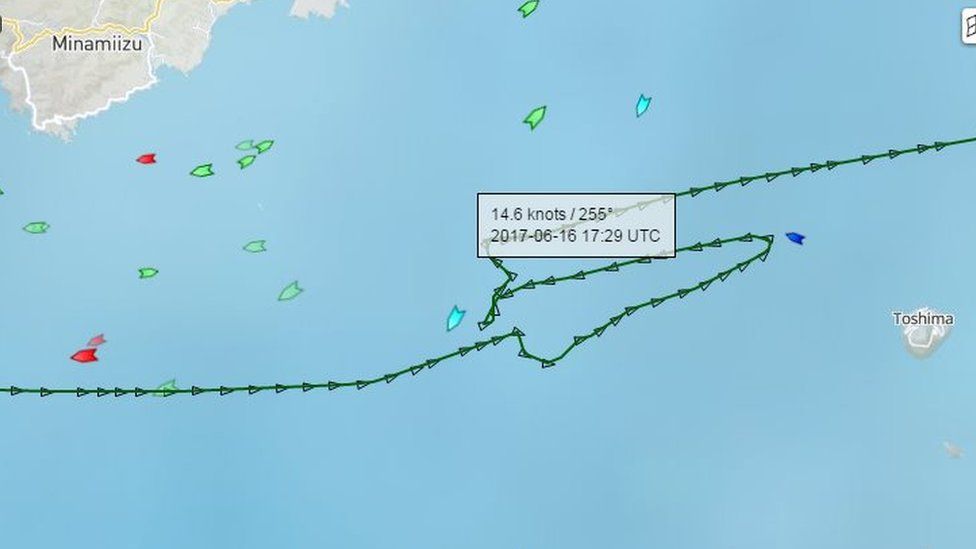 Route of ACX Crystal ship before collision with USS Fitzgerald - 16 June 2017