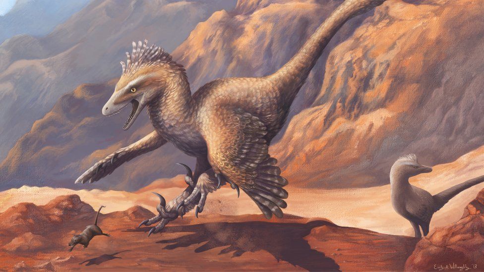 An illustration of a bird-like dinosaur with sharp claws pouncing on a small mouse