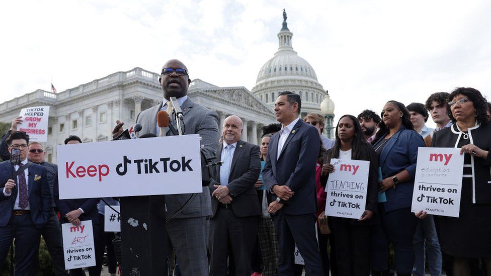 Supporters of TikTok hold a news conference in March 2023