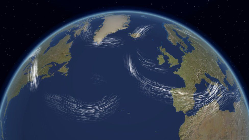 A weather map showing the jet stream meandering northwards and southwards across the Atlantic and Europe