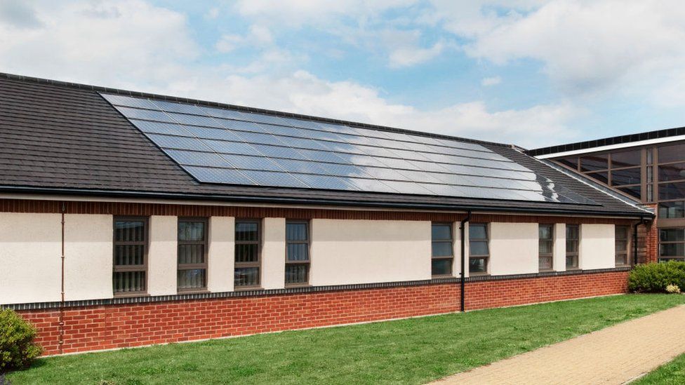 Solar panels fitted to the roof of the Carlton Court hospital in Lowestoft, Suffolk