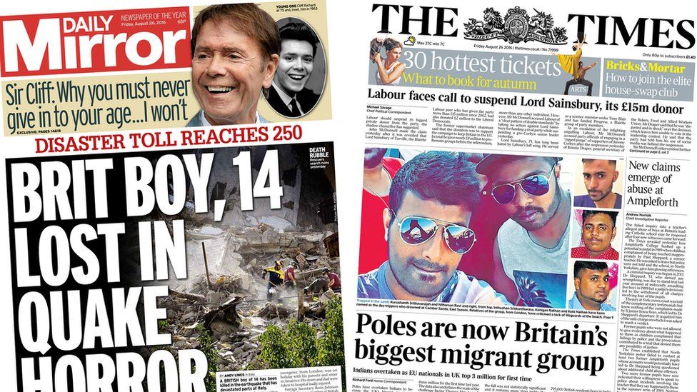 Front pages of the Daily Mirror and The Times