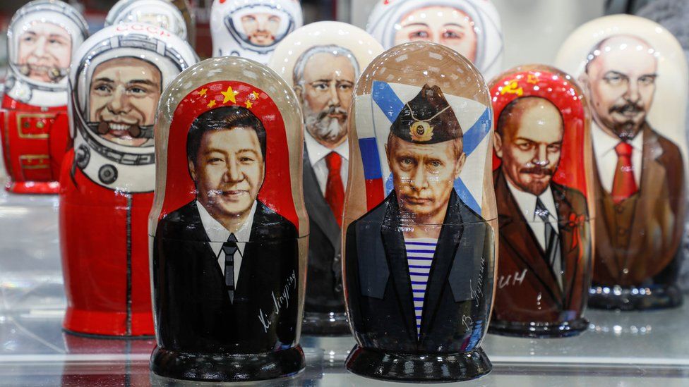 Russian matryoshka dolls with portraits of the Chinese President Xi Jinping and Russian President Vladimir Putin sold on a street souvenir shop in downtown Moscow, Russia, 20 March 2023