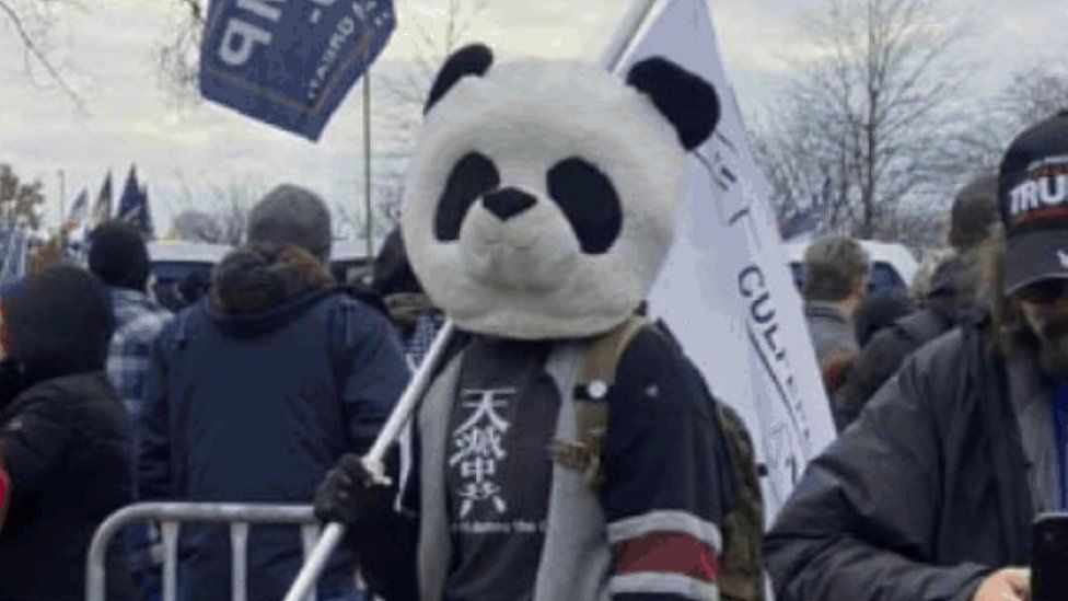 Rioters wearing panda mask