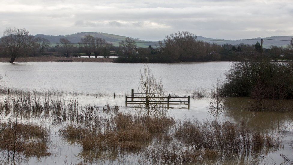 Flood water covers fields near Tewkesbury