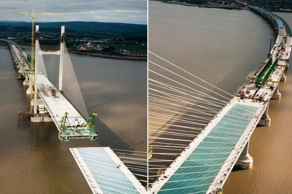 Aerial views of bridge being built