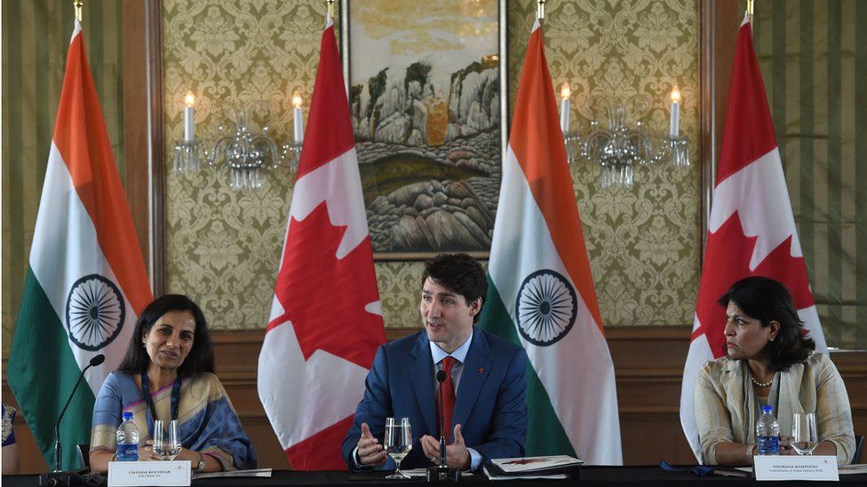 Canadian Prime Minister Prime Minister Justin Trudea speaking at an event in Mumbai