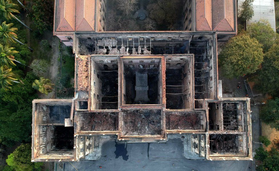 An aerial view of the burned-out National Museum of Brazil in Rio de Janeiro, September 3, 2018
