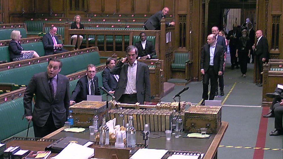 MPs lining up to vote in the Commons chamber