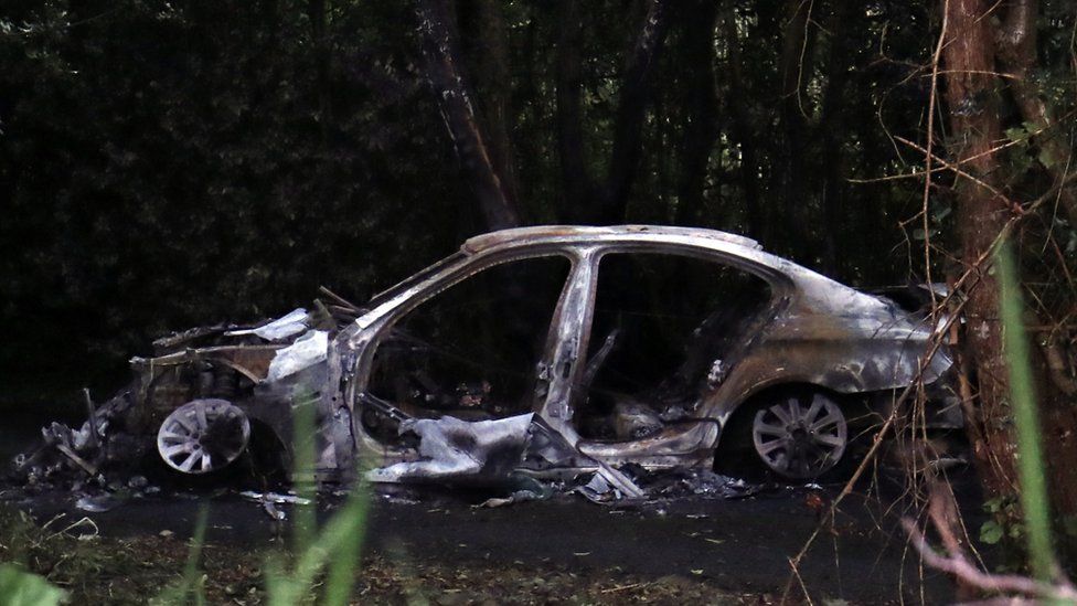 A burnt car understood to be the one used by Kevin Lunney's attackers
