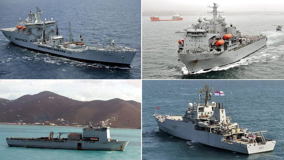 Clockwise from top left: RFA Wave Knight; RFA Argus; HMS Echo and RFA Mounts Bay