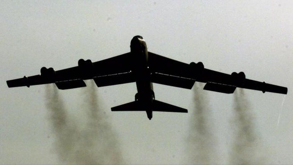 A B52 Stratofortress bomber takes off from RAF Fairford to continue Nato air strikes on Yugoslavia