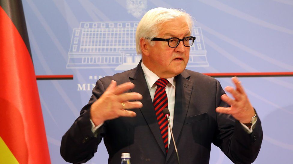German Foreign Minister Frank-Walter Steinmeier speaks at a news conference after meeting with host Albanian counterpart Ditmir Bushati in the Albanian capital, Tirana, Tuesday, June 14, 2016.
