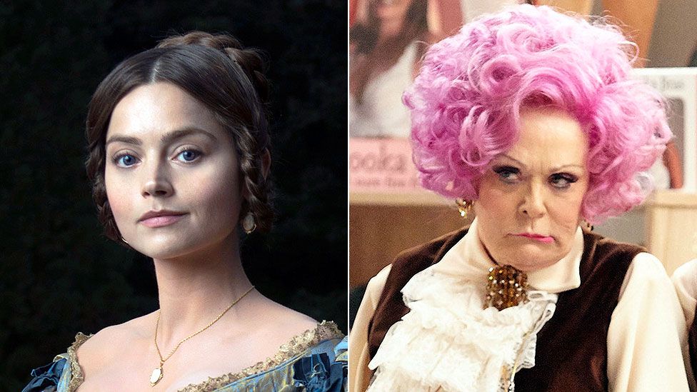 Jenna Coleman as Queen Victoria (left) and Sherrie Hewson as Mrs Slocombe