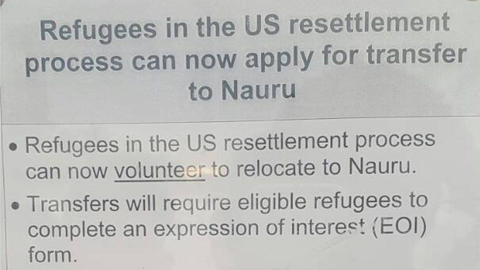 A notice in Manus Island offering refugees the possibility of moving to Nauru